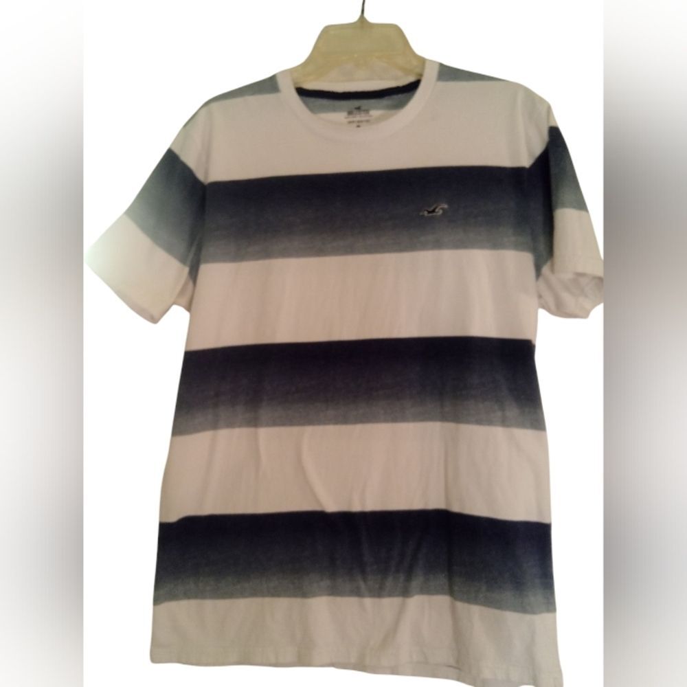 Hollister Crew Neck Tee White Grey Striped Sz L